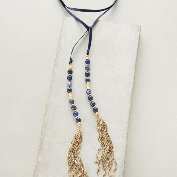 Anthropologie Jewelry - NWT Anthropologie Beaded Suede Necklace Navy Suede Tassles